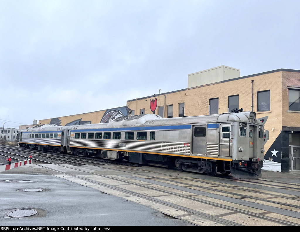 VIA Rail RDCs heading away from Downtown Sudbury